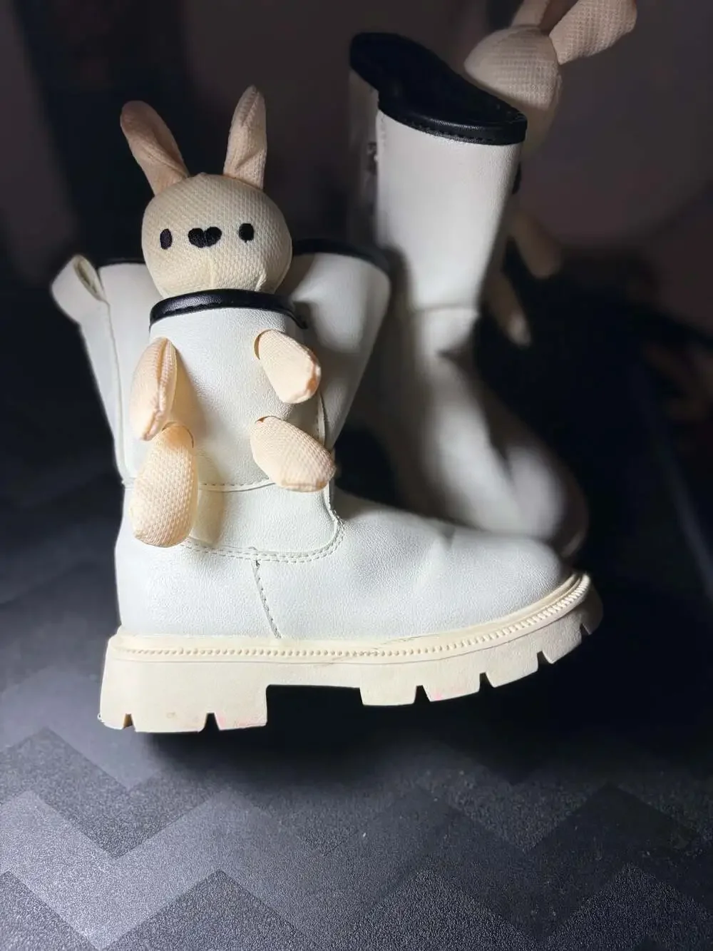 Toddler Girls White Faux Leather Lug Sole Winter Boots with Plush Bunny Accent